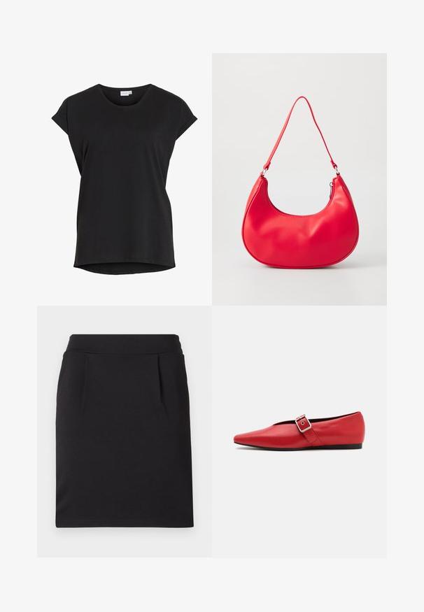 T-shirt noir décontracté à manches courtes avec bracelets roulés et encolure ronde de la marque VILA.; Jupe crayon noire longueur genou avec une large ceinture et de subtils plis devant, faite en tissu lisse.; Ballerine en cuir rouge avec une pointe pointue, comportant une lanière sur le côté avec une boucle en métal et un petit talon noir. Texture lisse sur l'ensemble.; Sac à épaule en simili cuir rouge au design courbé, avec une bandoulière fine et une fermeture éclair. Texture lisse avec des détails de couture visibles.