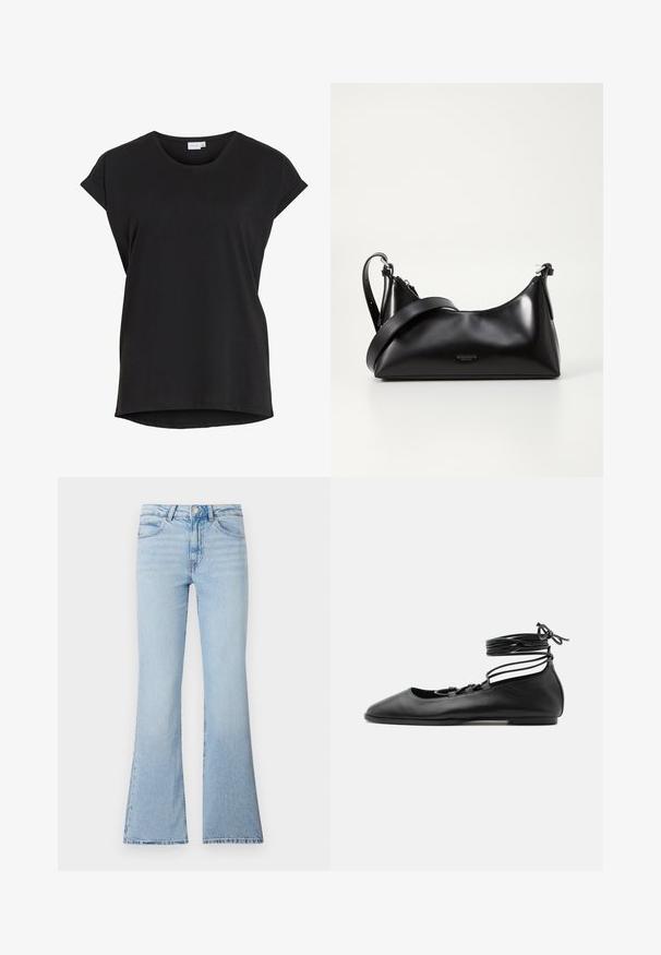 Zwarte korte mouwen casual T-shirt met opgerolde manchetten en een ronde halslijn van het merk VILA.; Lichtblauwe uitlopende jeans van denim. Heeft een hoge taille, een traditionele vijf-pocketontwerp en een licht vervaagde textuur.; Zwarte leren platte ballerinaschoen met een puntige neus, meerdere dunne bandjes over de bovenkant en veterstrikjes die rond de enkel zijn gewikkeld.; Zwarte leren handtas met een gladde textuur. Beschikt over een verstelbare schouderband en een strak, minimalistisch ontwerp met een ritssluiting.