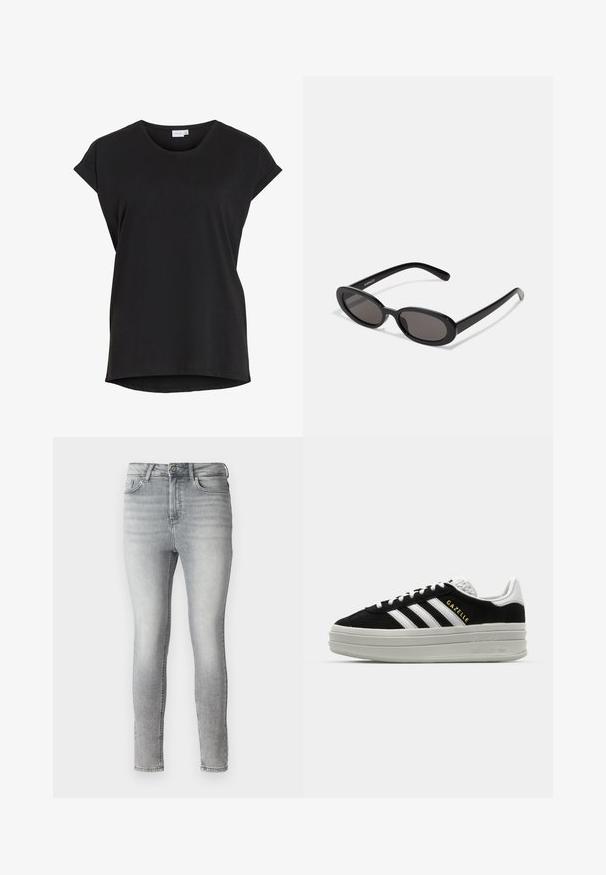 Sort kortærmet afslappet t-shirt med opkrøjede ærmer og rund halsudskæring fra mærket VILA.; Grå denim skinny jeans med en glat tekstur, fem-lomme design og en knap- og lynlås lukning i taljen. Fadet finish overalt.; Sort ruskind sneaker med hvide læderdetaljer, tre hvide striber, flade snørebånd og en tyk grå platformsål. Guldfarvet "Gazelle" branding.; Even&Odd Solbriller - black