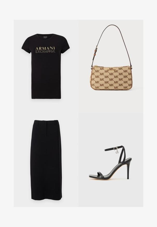 Zwarte t-shirt met korte mouwen en een ronde hals, voorzien van een gouden "ARMANI EXCHANGE" logo op de voorkant. Van katoen.; Zwarte, knie-lange kokerrok van een soepele stof met een aansluitende taille, voorzien van subtiele plooien aan de voorkant en zonder zichtbare sluitingen.; Zwarte sandaal met hoge hak, smalle enkelband, vierkante neus, soepel leermateriaal en metalen gespsluiting.; Bruin-zandkleurige schoudertas van Michael Kors met herhalend "MK" logo patroon en verstelbare donkerbruine band, rechthoekige vorm, ritssluiting.