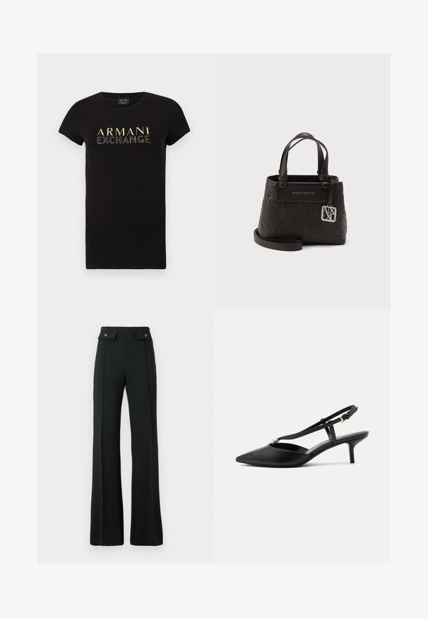 Sort kortærmet t-shirt med rund halsudskæring, der har et guld "ARMANI EXCHANGE" logo trykt på forsiden. Materialet er 100% bomuld.; Højtaljede sorte flared bukser med detaljerede sømme foran og to klaplommer med guldknapper ved taljen.; Sort læder slingback kitten heel med spids tå, slank T-rem, justerbar spænde og lille guldfinish på remmen.; Sort læder Armani Exchange håndtaske med præget logomønster, to håndtag, aftagelig rem og sølv brand charme på siden.