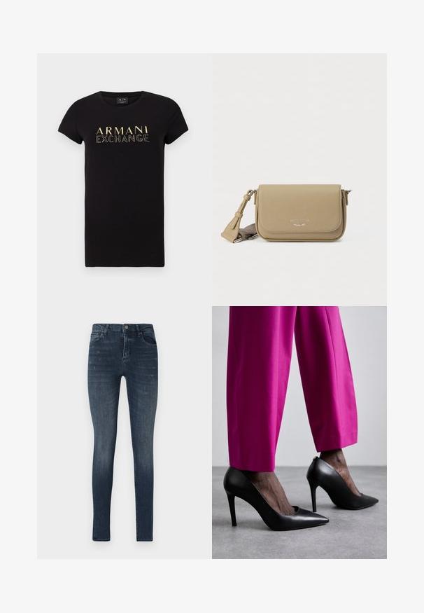 Sort kortærmet t-shirt med rund halsudskæring, der har et guld "ARMANI EXCHANGE" logo trykt på forsiden. Materialet er 100% bomuld.; Slanke denim jeans i mørkeblå, med fem lomme-design, let slidser og en knaplukning i taljen.; Sorte højhælede sko med spids tå-design og glat læderstruktur. Kombineret med lyserøde, skræddersyede bukser.; Khaki læder crossbody taske med tekstureret finish, klaplukning, sølvfarvet logo og justerbar rem. Kompakt rektangulær form.