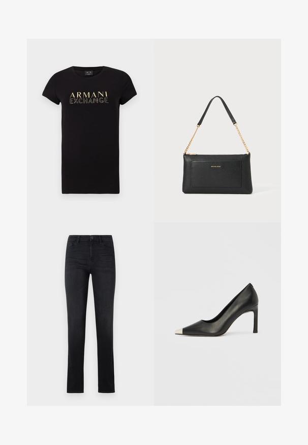 Must have lühikeste varrukatega must T-särk ümmarguse kaelusega, mille esipaneelil on kuldne "ARMANI EXCHANGE" logo. Puuvillane materjal.; Mustad denim püksid, joonistav disain, sirge jalg, viis taskut, nupuga sulgemine ja peened õmblused. Sile tekstuur, klassikaline stiil.; Mustast nahast kõrge kontsaga king terava varba ja metallik hõbedase otsikuga. Iseloomustab sile viimistlus ja sihvakas 10 cm konts.; Musthave mustkott mustakistruktuuriga, kuldse ketist käepidemega ja esiseguga. Ees on kuldne logo.