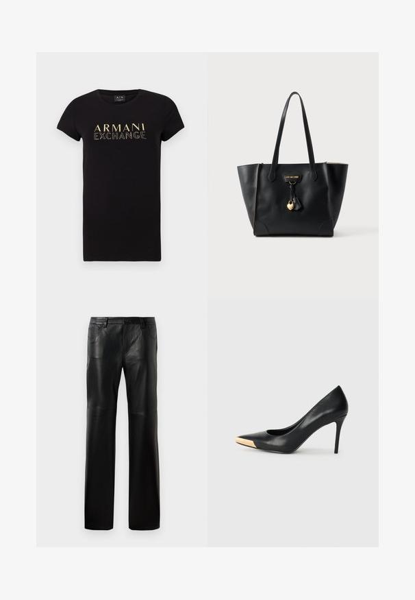 Sort kortærmet t-shirt med rund halsudskæring, der har et guld "ARMANI EXCHANGE" logo trykt på forsiden. Materialet er 100% bomuld.; Sorte læderbukser med lige snit, udstyret med en knap ved taljen, fem lommer og synlige sømme langs sømmene.; Sort læder stiletter med spids tå; har et metalisk guldakcent på tåkapperne. Glat overflade med et strømlinet design.; Sort læder shopper med lange håndtag, guldfarvet hjerteformet vedhæng og lille forsideetiket med teksten Love Moschino.