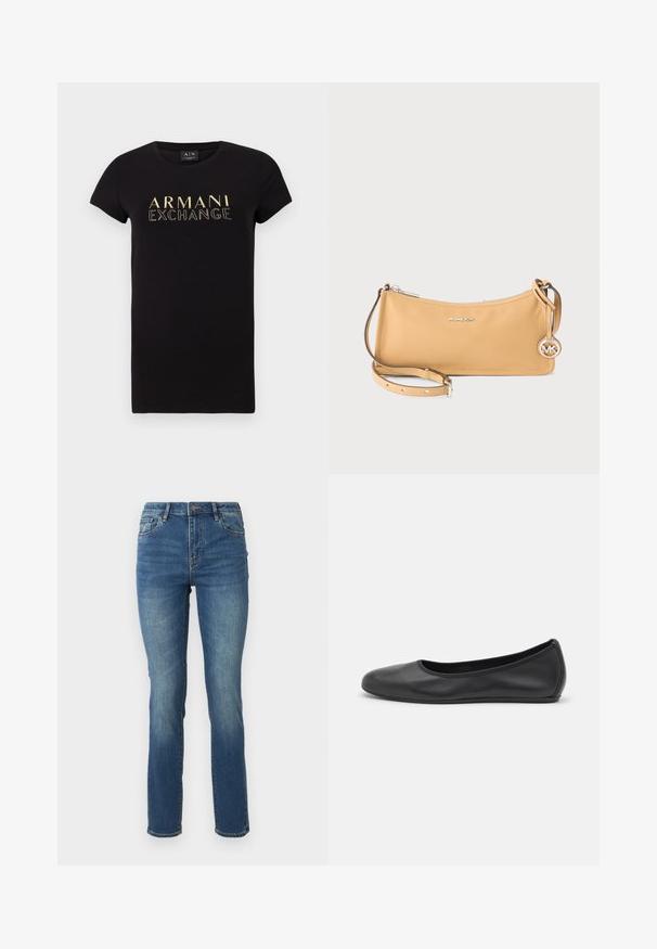 Čierne tričko s krátkym rukávom a okrúhlym výstrihom s potlačou zlatého loga "ARMANI EXCHANGE" na prednej strane. Vyrobené z bavlny.; Stredne vysoké modré džíny s rovným strihom, s hladkou textúrou, jemným vyblednutím a klasickým dizajnom s piatimi vreckami a zapínaním na gombík.; Čierne kožené baleríny s okrúhlou špičkou, hladkým povrchom, minimálnym prešívaním a flexibilným dizajnom podrážky.; Ramenná kabelka Michael Kors z brúsenej kože v hnedej farbe so strieborným zipsom, tenkým nastaviteľným remienkom a okrúhlym príveskom s logom MK.