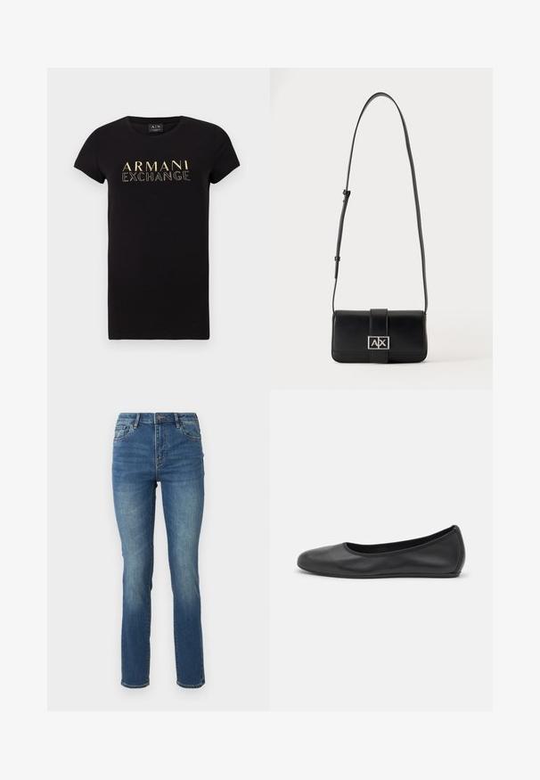 T-shirt noir à manches courtes avec un col rond, présentant un logo doré "ARMANI EXCHANGE" imprimé sur le devant. Matière en coton.; Jean en denim bleu mi-hauteur avec une jambe droite, présentant une texture lisse, un léger dégradé et un design classique à cinq poches avec fermeture à bouton.; Ballerines en cuir noir avec un bout rond, texture lisse, détails de couture minimalistes et design de semelle flexible.; Sac à bandoulière en cuir noir avec sangle ajustable et fermoir rectangulaire argenté avec les lettres A et X sur un fond uni.