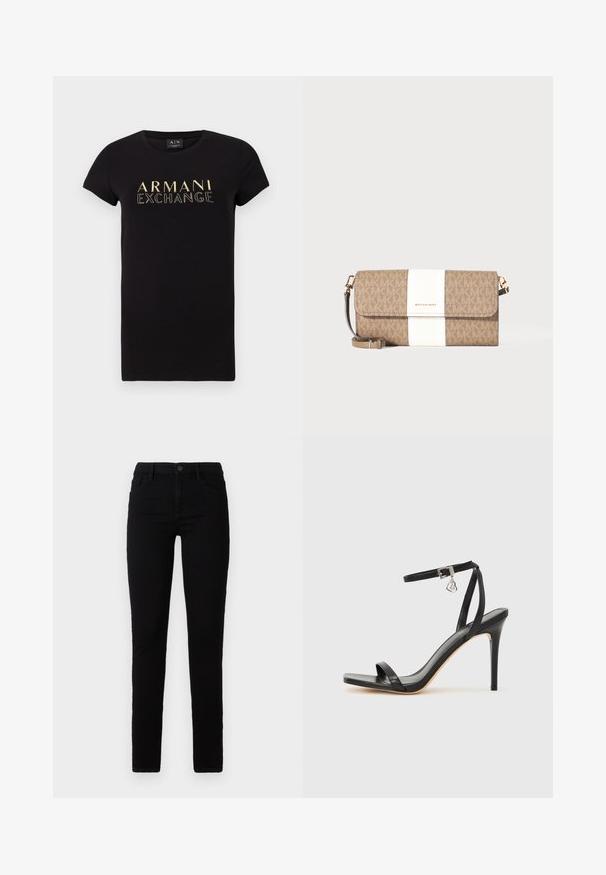Zwarte t-shirt met korte mouwen en een ronde hals, voorzien van een gouden "ARMANI EXCHANGE" logo op de voorkant. Van katoen.; Zwarte skinny jeans, gemaakt van een katoenen mix-stof. Kenmerkt zich door vijf zakken, een knoopsluiting en een aansluitend ontwerp. Gladde textuur.; Zwarte sandaal met hoge hak, smalle enkelband, vierkante neus, soepel leermateriaal en metalen gespsluiting.; Bruine en beige Michael Kors clutch met witte verticale streep, gouden logo en afneembare polsband op een effen achtergrond.