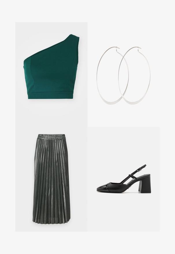 Asymmetrisk grøn crop top lavet af glat stof, med en enkelt skulderrem og en tætsiddende kant.; Metallic grøn plisseret nederdel med elastisk talje. Har smalle, vertikale plisser og et mellemlangt design, der skaber en struktureret silhuet.; Sorte patentlæder slingback hæle med spids tå, blokhæl og justerbar rem. Glat tekstur og minimalistisk design.; Sølv hoops øreringe med et tyndt, glat design; langstrakt oval form; poleret finish; har en sikker krog lukning.