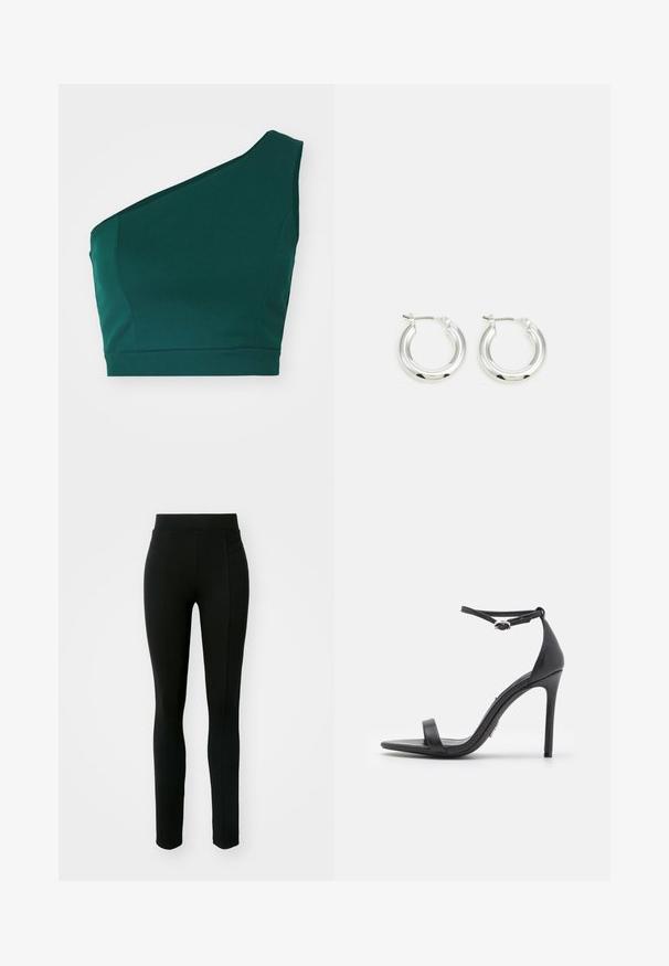 Top de cultivo verde asimétrico hecho de tela suave, con una sola tirante en el hombro y un dobladillo ajustado.; Leggings negros de material elástico, con cintura alta, corte ajustado y dos bolsillos frontales sin costuras visibles.; Sandalias de tacón alto negras con punta abierta, tiras delgadas y hebilla en el tobillo. Textura de cuero suave con un diseño de punta afilada.; Pendientes de aro de plata con un acabado pulido, que presentan una forma circular y un cierre de gancho. Textura suave con detalles mínimos.
