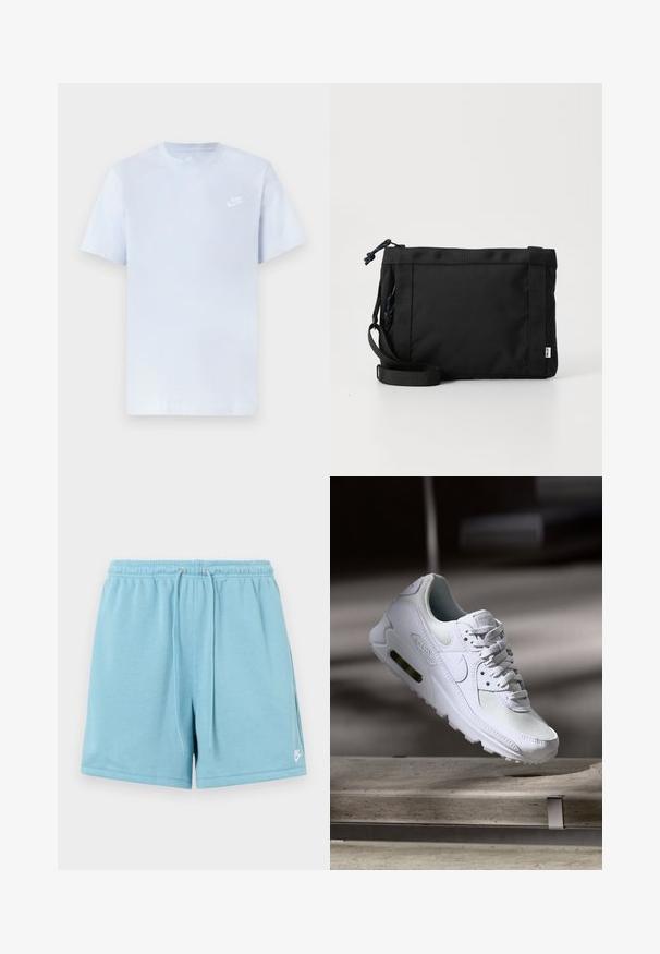 Camiseta de algodón de color azul claro con mangas cortas, cuello redondo y un logo blanco de Nike impreso en el pecho izquierdo. Textura suave, diseño sencillo.; Shorts deportivos azul claro hechos de una tela suave, con una cinturilla elástica con cordón y un logo blanco en el lado inferior izquierdo.; Zapatilla Nike Air Max 90 blanca con parte superior de malla y cuero, caja de puntera perforada y unidad de aire visible en el talón.; Bolsa de hombro de tela negra con exterior texturizado, correa ajustable y cierre de cordón. Presenta costuras llamativas y una etiqueta lateral.