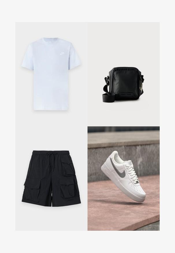Hele sinine puuvillane t-särk lühikeste varrukatega, ümar kaelus ja valge Nike logo trükituna vasakul rinnal. Sile tekstuur, lihtne disain.; Mustad musta värvi cargo lühikesed püksid, mis on valmistatud kergest kangast. Need sisaldavad mitmeid suuri taskuid, elastset vöökohta ja nööriga, ning silmapaistva sileda tekstuuri.; Valge Nike Air Force 1 toss hallika Nike logoga, hõljumas kivil pinnal ja halli kivitahvli taustal.; Must kompaktne ristihoidmisvöö, esiküljel lukuga tasku, reguleeritav rihm ja tekstuuriga kangas ühevärvilise tausta ees.