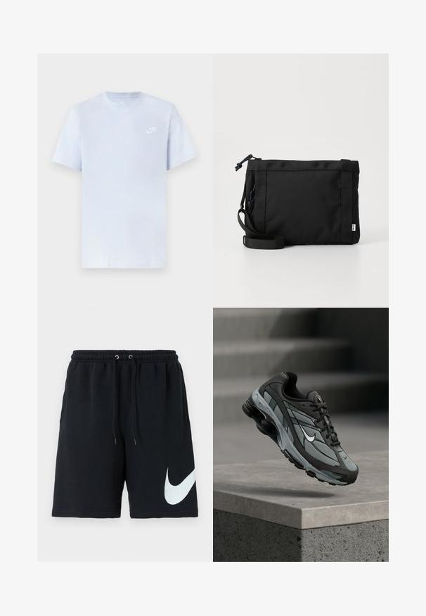 Hellblaue Baumwoll-T-Shirt mit kurzen Ärmeln, Rundhalsausschnitt und einem weißen Nike-Logo, das auf der linken Brust gedruckt ist. Glatte Textur, schlichtes Design.; Schwarze Baumwoll-Shorts mit elastischem Taillenband, Kordelzug, Seitentaschen und einem großen weißen Nike-Logo, das auf der linken Seite aufgedruckt ist.; Grauer und schwarzer Sportschuh mit Netzpaneelen und dicker Sohle, schwebend in der Luft über einer Betonmauer mit Treppen im Hintergrund.; Schwarze Stoff-Schultertasche mit texturiertem Äußeren, verstellbarem Schultergurt und Kordelzugverschluss. Verfügt über auffällige Nähte und ein seitliches Etikett.