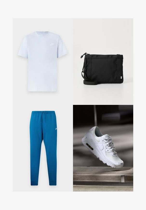 Camiseta de algodón de color azul claro con mangas cortas, cuello redondo y un logo blanco de Nike impreso en el pecho izquierdo. Textura suave, diseño sencillo.; Pantalones deportivos azul con cintura elástica y cordón ajustable. Presenta un logo blanco en el muslo y puños ajustados en los tobillos.; Zapatilla Nike Air Max 90 blanca con parte superior de malla y cuero, caja de puntera perforada y unidad de aire visible en el talón.; Bolsa de hombro de tela negra con exterior texturizado, correa ajustable y cierre de cordón. Presenta costuras llamativas y una etiqueta lateral.