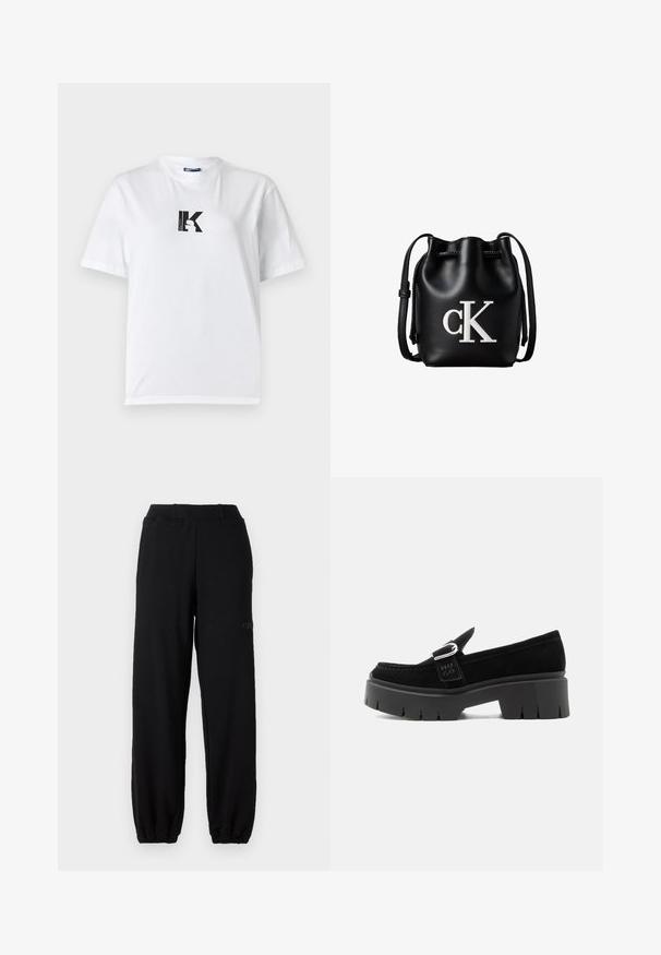 Karl Lagerfeld Jeans LOGO TEE - Camiseta básica - white; Pantalones de chándal negros hechos de una mezcla de algodón, con cinturilla elástica y tobillos ajustados. Detalle sutil del logo en el lateral.; Mocasín de ante negro con suela gruesa de tacos, detalle de hebilla plateada y "HUGO" en relieve en la correa lateral, mostrado desde el lado exterior.; Bolso tipo bucket de cuero negro con cierre de cordón en la parte superior y logotipo blanco "cK" en la parte frontal, con una correa de hombro ajustable.