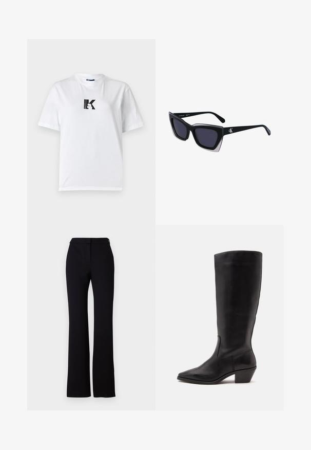 Karl Lagerfeld Jeans LOGO TEE - T-shirt basic - white; Zwarte broek met een rechte snit, een gladde textuur en een tailleband met een enkele knoopsluiting. Geen zichtbare patronen of accenten.; Zwarte leren laars tot half op de kuit met een puntige neus en een lage schuine hak op een effen lichte achtergrond.; Zwarte oversized zonnebril met een geometrische vorm, voorzien van donkere glazen en een contrasterend grijs detail op het montuur. Logo op de arm.