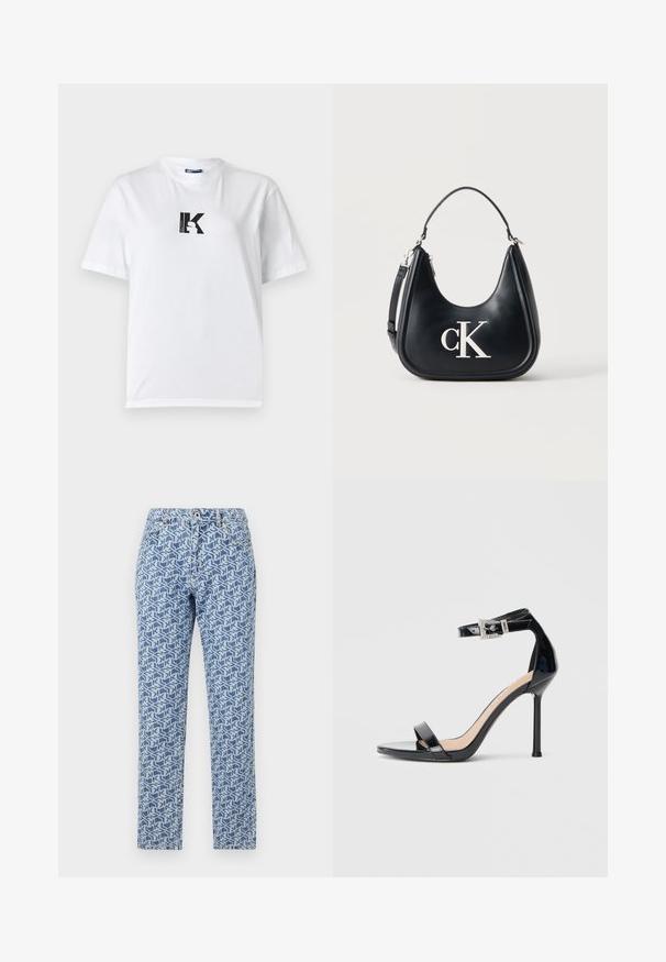 Karl Lagerfeld Jeans LOGO TEE - Lihtne T-särk - white; Heledad sinine teksapaar, millel on geomeetriline valge muster, sirge jalgade disain, nööbiga sulgemine ja viie tasku stiil.; Mustast lakknahast kõrge kontsaga sandaal, millel on pahkluu rihm. Oman minimalistlikku disaini, avatud varvaste ja litritega kaunistatud pandlaga.; Mustast nahast õlakott hõbedase "cK" logoga, kumer siluett, lühike käepide ja eemaldatav pikem rihm ühtlasel taustal.