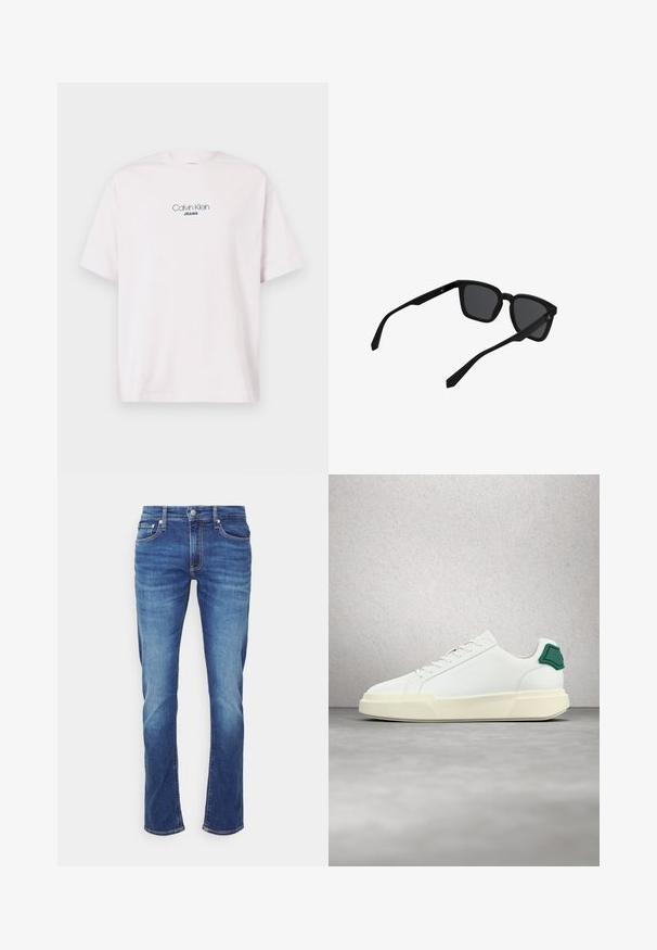 Lyserød kortærmet bomulds T-shirt med "Calvin Klein JEANS" tekstlogo centreret på brystet mod en ensfarvet baggrund.; Blå denim jeans med falmede effekter, frontknap og lynlås, og femlomme-stil mod en ensartet hvid baggrund.; Hvid lavtop-sneaker med grøn hælkappe, tyk off-white sål og præget brandnavn, vist mod en reflekterende glasblokvæg.; Sorte rektangulære solbriller med tykke stel og mørke linser vist i en let vinkel mod en hvid baggrund.