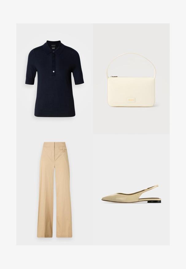 Navyblaues Polohemd aus glattem Stoff, mit Kragen, kurzen Ärmeln und einer Knopfleiste mit kleinem Logodetail.; Beige weite Hosen aus Baumwollmischgewebe. Sie haben eine glatte Textur, einen elastischen Bund und eine seitliche Knopfdetail.; Beiger Slingback-Ballerina mit spitzer Kappe, niedrigem schwarzem Absatz und glattem Lederfinish, seitlich auf einfarbigem Hintergrund gezeigt.; Rechteckige Handtasche in Cremefarbe mit einem einzelnen Trageriemen und Reißverschluss oben, ausgestattet mit einer kleinen, geprägten Logoplakette vorne.