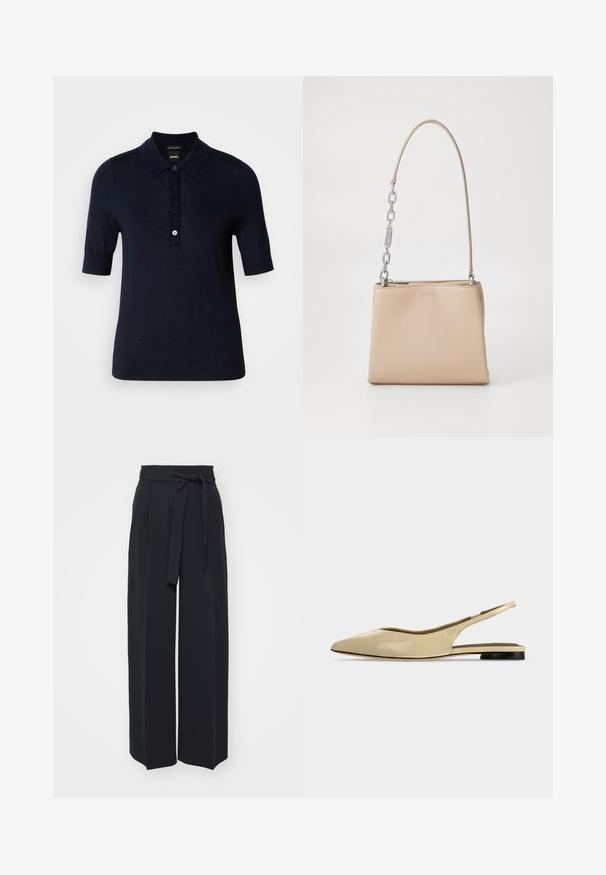 Navyblaues Polohemd aus glattem Stoff, mit Kragen, kurzen Ärmeln und einer Knopfleiste mit kleinem Logodetail.; Schwarze weite Hosen aus weichem Stoff. Mit einem Gürteltäfelchen und vorderen Falten. Glatte Textur mit einem klaren, modernen Design.; Beiger Slingback-Ballerina mit spitzer Kappe, niedrigem schwarzem Absatz und glattem Lederfinish, seitlich auf einfarbigem Hintergrund gezeigt.; Beige Lederhandtasche mit glatter Textur, ausgestattet mit einem silbernen Kettenakzent am Griff und einem Reißverschluss. "HUGO" ist auf der Vorderseite geprägt.