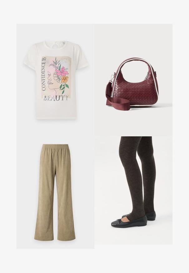 T-shirt blanc avec un design graphique représentant un visage orné de fleurs et le texte "LA CONFIANCE EST LA BEAUTÉ". Manches courtes, col rond.; Pantalons larges en velours côtelé beige avec une taille élastique, présentant une texture à côtes verticales et une coupe loose. Idéaux pour un look décontracté.; Jambes portant des leggings côtelés foncés associés à des ballerines noires avec de petits détails en nœud sur fond blanc.; Sac à main en cuir tressé marron foncé avec poignée courbée, garniture blanche, fermeture éclair argentée et bandoulière large en tissu amovible sur fond uni.