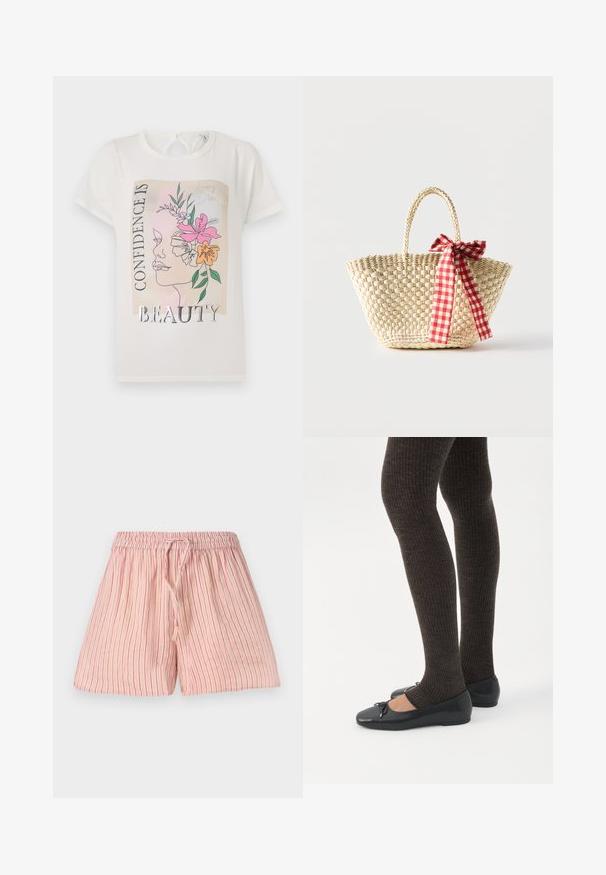 Camiseta blanca con un diseño gráfico de una cara adornada con flores y el texto "LA CONFIANZA ES BELLEZA". Mangas cortas, cuello redondo.; Pantalones cortos de color rosa claro con rayas rojas verticales, fabricados en un tejido suave. Cuentan con una cinturilla elástica y un cordón para ajuste.; Piernas con leggings oscuros acanalados combinados con bailarinas negras que presentan pequeños detalles de lazo sobre un fondo blanco.; Bolso tote de paja tejido con asas trenzadas y un lazo de cinta a cuadros rojos y blancos atado a un lado.