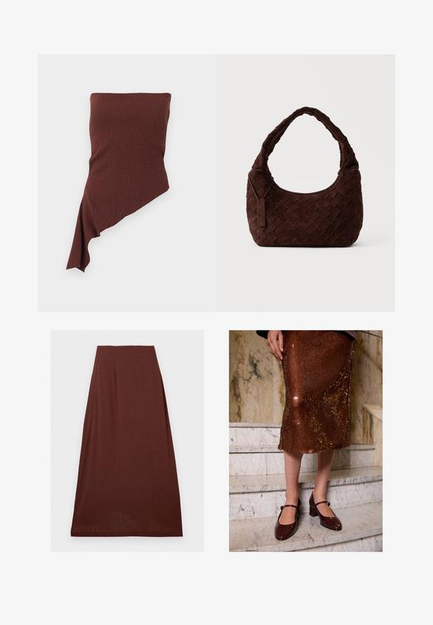 Brauner, strukturierter Stoff mit asymmetrischem, diagonalem Saum, entworfen als trägerloser Tube-Top.; Brauner Rock mit hoher Taille im A-Linien-Stil mit glatter Textur, knielang, vor weißem Hintergrund dargestellt.; Eine Frau trägt einen braunen Pailletten-Midi-Rock und dunkle, krokodilstrukturiertes Mary-Jane-Absätze und steht auf Marmortreppen.; Dunkelbraune gewebte Leder-Schultertasche mit weicher, abgerundeter Form und breitem Tragegriff, mit kleinem angebrachtem Lederanhänger.