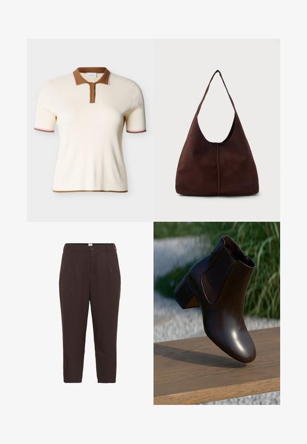 Polo à manches courtes côtelé crème avec col marron, patte de boutonnage et détails de garniture avec des accents roses sur les manches.; Pantalons marron, jusqu'aux genoux, en tissu tissé lisse, dotés d'une fermeture à bouton et de deux poches latérales pour plus de commodité.; Bottine en cuir marron avec un bout rond et un petit talon block, dotée de panneaux latéraux élastiques et d'une finition lisse et brillante.; Sac hobo en daim marron avec une grande ouverture courbée et une large bandoulière. Présente une couture centrée à l'avant. Texture lisse.