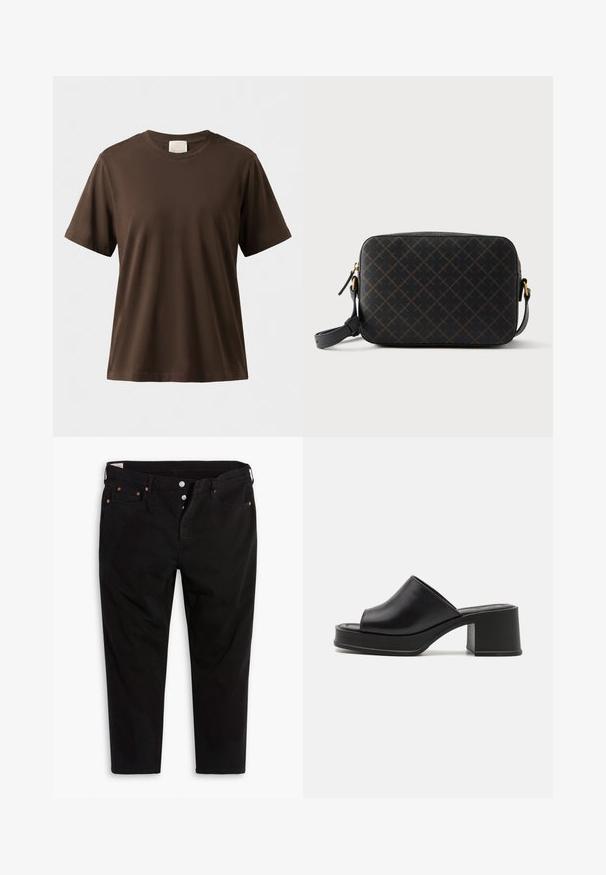 Enkelt brun T-shirt med korte ærmer og rund hals med en afslappet pasform, vist på en neutral baggrund.; Sorte denimbukser med lige ben-design. Har fem lommer, metalknaplukninger og orange syninger som detaljer. Fremstillet af bomuld.; Sorte læder platform sandals med rund åben tå, lav blokhæl og glat tekstur. Minimalistisk design med elegante linjer.; Sort rektangulær crossbodytaske med tekstureret mønster, gyldne hardware-accenter og aftagelig rem. Glat overflade og robust design.