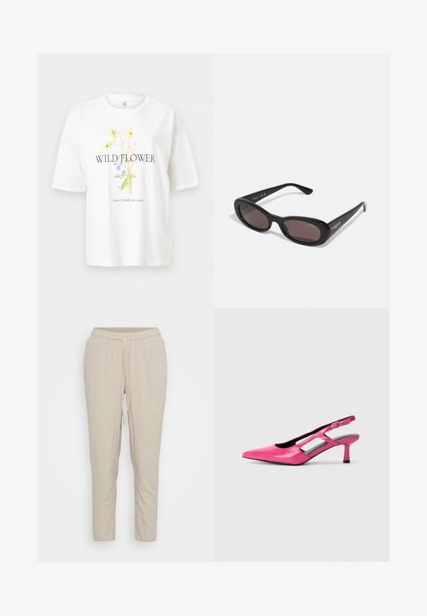 Valkoinen lyhythihainen t-paita, jossa on painettu villikukkakuva ja tekstit "WILD FLOWER" sekä "Garden of thoughts grow within."; Vero Moda Petite VMJESMILO ANKLE PANTS - Housut - silver lining; Vaaleanpunaiset nahka slingback-korkokengät, joissa on terävä kärki, aukko-ominaisuudet ja matala korko. Sileä pinta ja säädettävä solki.; Mustat aurinkolasit, joissa on soikeat kehykset, tummat linssit ja "vogue" painettuna valkoisena ulkopuolisille varsille. Sileä muovimateriaali.