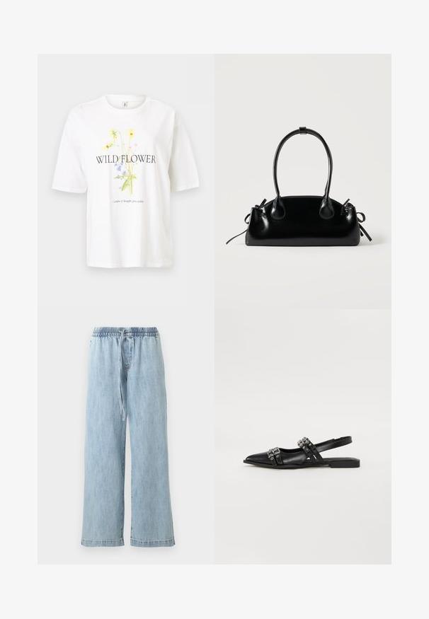 T-shirt blanc à manches courtes avec un motif imprimé de fleurs sauvages et le texte "WILD FLOWER" ainsi que "Garden of thoughts grow within."; Pantalon large en denim bleu clair avec taille élastique et cordon de serrage, poches avant et coupe décontractée.; Even&Odd by Zalando Ballerines à brides arrière - black; Petit sac à main noir brillant avec deux longues anses et des détails à cordon sur les côtés sur un fond clair uni.