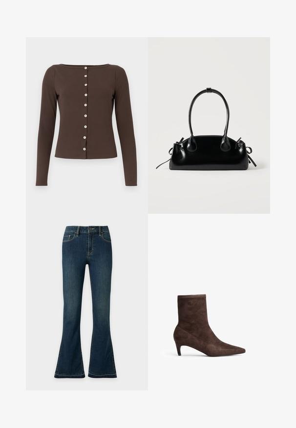 Bruine langwerpige top met een ronde hals, geribbeld textuur en witte knoopsluitingen aan de voorkant. Strak ontwerp met een rechte zoom.; Donkerblauwe high-waist jeans met wijde pijpen, vooraan knoop en rits, met een vijfzakkenontwerp op een effen lichte achtergrond.; Bruine suède enkelboot met een spitse neus en slanke hak. Heeft een zachte textuur en een hoge schachtontwerp.; Kleine zwarte glanzende handtas met twee lange hengsels en zijkant trekkoord details op een effen lichte achtergrond.