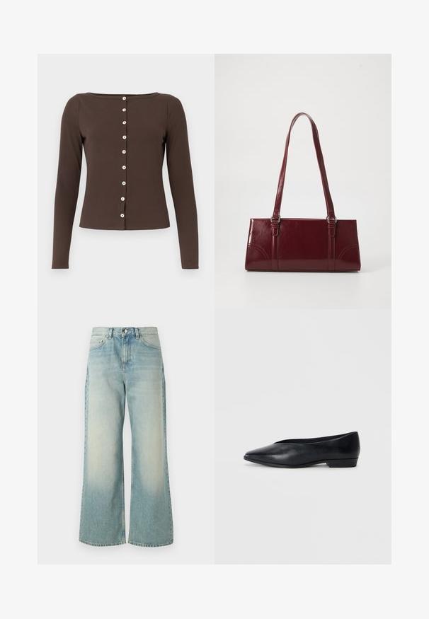 Brun langærmet top med rund hals, ribbet tekstur og hvide knaplukninger foran. Tætsiddende design med lige kant.; Lyseblå vide jeans lavet af denim, med en afdæmpet vask, klassisk fem-lomme design og en frontknaplukning.; Sorte læder flade sko med spids tå, let hævet hæl og glat overflade. Simpelt design uden synligt hardware eller mønstre.; Bordeaux håndtaske lavet af glansfuldt materiale, rektangulær form, med to skulderremme og subtile buede detaljer på forsiden.