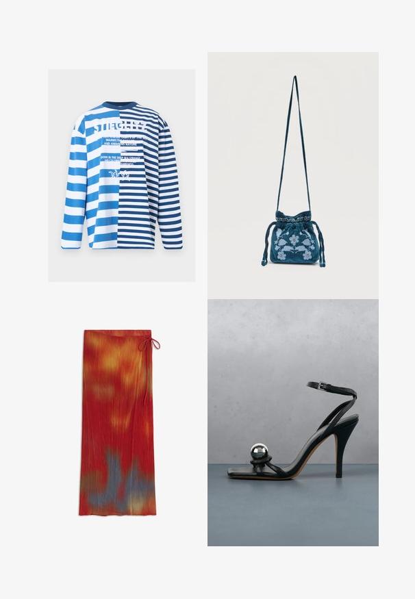 Chemise à manches longues avec des rayures horizontales bleues et blanches alternées larges et étroites, et un texte blanc incluant des phrases sur le thème de la mer et des illustrations d’étoiles de mer.; Jupe longue plissée avec un motif tie-dye rouge, orange, jaune et bleu, avec un nœud noué sur le côté à la taille.; Sandale noire à talon haut avec bride à la cheville et boule décorative argentée métallique sur surface carrelée en bois à l'extérieur, avec un arrière-plan flou de verdure et de mur.; Sac à bandoulière bleu sarcelle avec cordon de serrage, longue sangle et broderie florale bleu clair sur le devant, sur un fond uni.