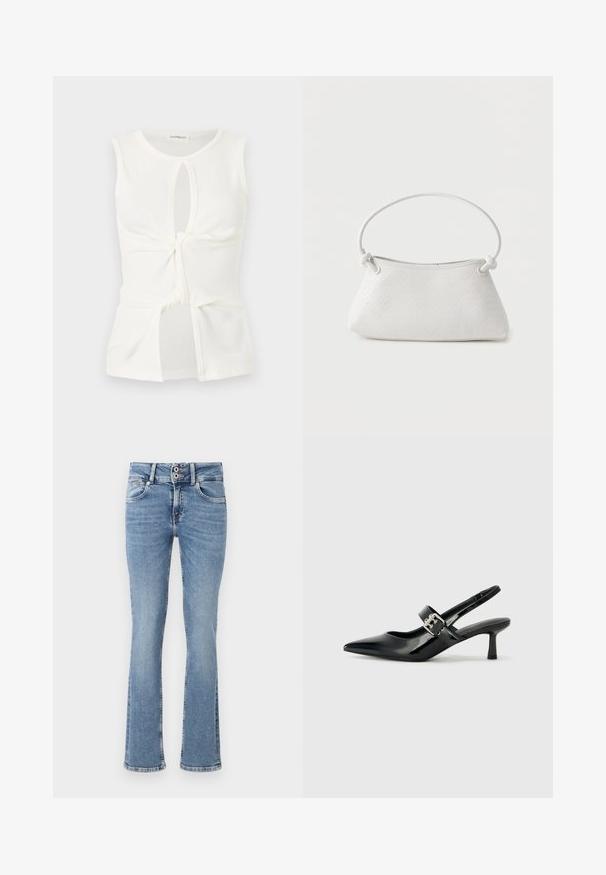 Top blanco sin mangas con escote redondo, detalle de nudo en el frente, cortes en forma de ojo de cerradura en la parte superior e inferior, y una textura de tela suave y lisa.; Pantalones vaqueros de mezclilla azul de pierna acampanada con un lavado medio, cierre de botones, diseño de cinco bolsillos y detalles cosidos en los bolsillos y el dobladillo.; Zapatos de tacón en charol negro con tira al tobillo, punta afilada y un pequeño tacón bloque, que cuentan con un acento de hebilla plateada en la correa.; Bolso de mano de cuero blanco tejido con asa redondeada y extremos de la correa anudados, exhibido sobre un fondo liso.