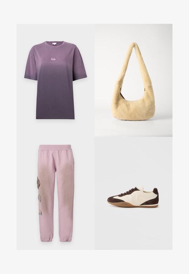 Paarse gradient t-shirt met korte mouwen, gemaakt van zachte katoen. Heeft een klein wit logo "lala" op de voorkant. Glad textuur, relaxte pasvorm.; Roze sweatpants met een elastische tailleband, voorzien van decoratieve patches in ruitvorm aan de linkerkant en elastische boorden bij de enkel.; Bruine en crèmekleurige sneaker met een mix van gestructureerde en gladde materialen, een laag profiel, vetersluiting en een rubberen zool.; Beige schapenleren schoudertas met een gebogen handvat en een afgeronde vorm. De textuur is zacht en plush, met minimale hardwareaccenten.