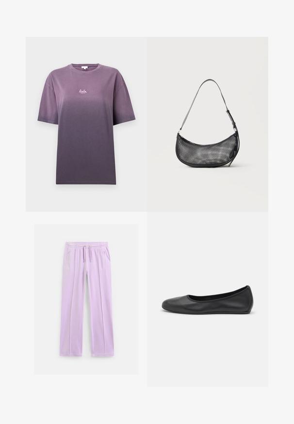 Paarse gradient t-shirt met korte mouwen, gemaakt van zachte katoen. Heeft een klein wit logo "lala" op de voorkant. Glad textuur, relaxte pasvorm.; Lichtpaarse sweatpants met rechte pijpen, een elastische tailleband, verstelbare trekkoorden en ritszakken aan de zijkanten.; Zwarte leren ballerina met een ronde neus, gladde textuur, minimale stikdetails en een flexibele zoolontwerp.; Kleine zwarte mesh schoudertas in halve maanvorm met verstelbare dunne band, tegen een effen lichte achtergrond.