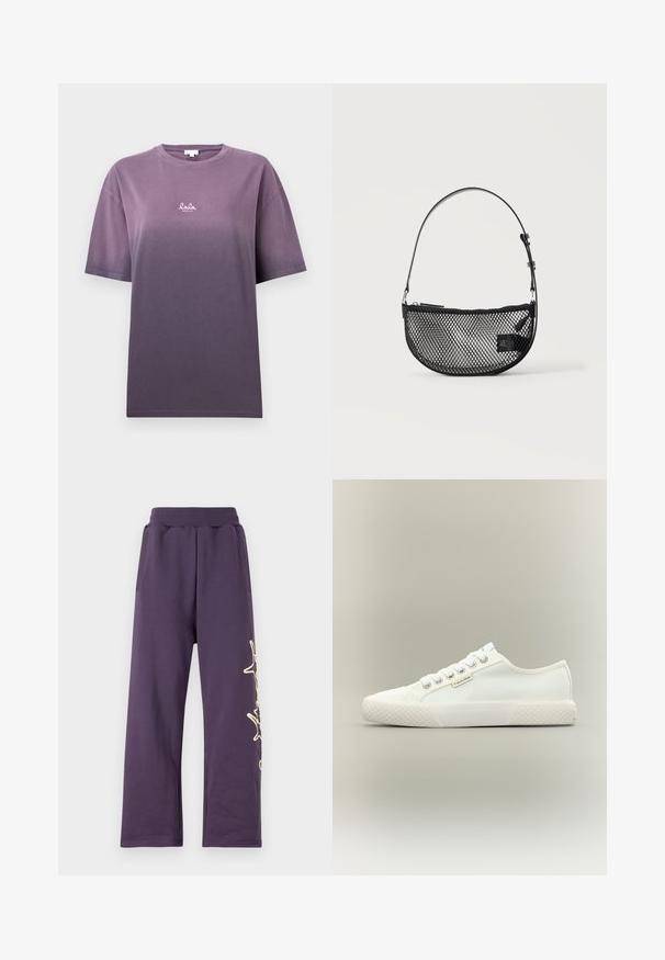 Paarse gradient t-shirt met korte mouwen, gemaakt van zachte katoen. Heeft een klein wit logo "lala" op de voorkant. Glad textuur, relaxte pasvorm.; Paarse joggingbroek met een elastische tailleband, zijzakken en een gouden grafisch ontwerp op het linkerpoot. Zacht materiaal met een losse pasvorm.; Witte lage canvas sneaker met een getextureerde rubberen zool, witte veters en een klein Calvin Klein-label aan de zijkant.; Zwarte mesh halve maan handtas met een korte verstelbare leren riem en ritssluiting op een effen lichte achtergrond.