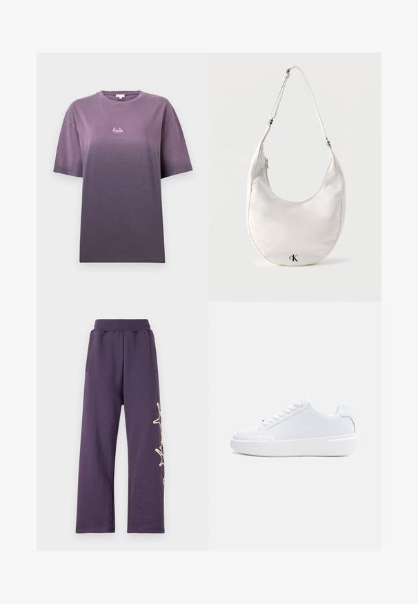 Camiseta de algodón suave en degradado púrpura con mangas cortas. Presenta un pequeño logo blanco "lala" en el frente. Textura suave y corte relajado.; Pantalones de chándal morados con una cinturilla elástica, bolsillos laterales y un diseño gráfico dorado en la pierna izquierda. Material suave con un ajuste holgado.; Zapatilla blanca de corte bajo con cierre de cordones, suela gruesa y parte superior lisa, mostrada desde el lado exterior sobre un fondo claro y sencillo.; Bolso de hombro blanco en forma de media luna con correa ajustable y logo negro "cK" cerca del centro inferior sobre fondo liso.
