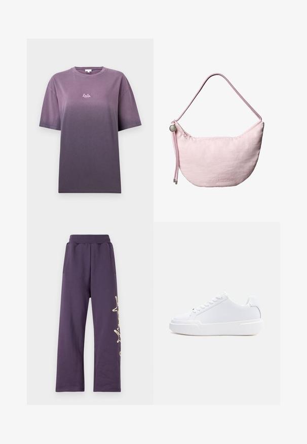 Paarse gradient t-shirt met korte mouwen, gemaakt van zachte katoen. Heeft een klein wit logo "lala" op de voorkant. Glad textuur, relaxte pasvorm.; Paarse joggingbroek met een elastische tailleband, zijzakken en een gouden grafisch ontwerp op het linkerpoot. Zacht materiaal met een losse pasvorm.; Witte lage sneaker met vetersluiting, dikke zool en glad bovenwerk, gezien vanaf de buitenkant tegen een effen lichte achtergrond.; Zachtroze, sikkelvormige schoudertas met verstelbare koordriem, metalen stopper en een subtiel geperst "cK"-logo in het midden aan de voorkant.