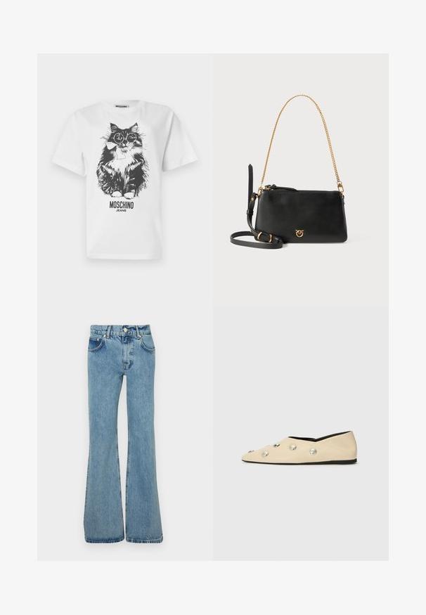 Biele tričko s čiernym grafickým motívom nadýchané mačky so zaoblenými okuliarmi a mašľou, pod ktorou je nápis "MOSCHINO JEANS".; Svetlo modré rozšírené džínsy vyrobené z denimu, s vysokým pásom, prednými vreckami a roztrhnutými lemami pre uvoľnený strih.; CLOSED Balerínky - ecru; Čierna kožená kabelka so zlatou reťazou, zapínaním na zips a malým logom na prednej strane. Obsahuje aj ďalší ramenný popruh.