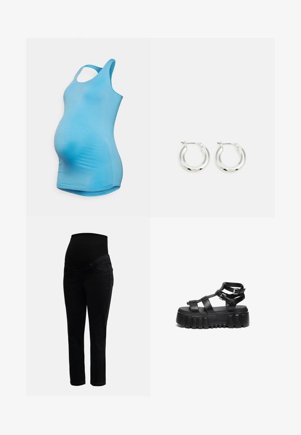 MAMALICIOUS MLHEAL ACTIVE - Top - azure blue; Čierne tehotenské džínsy s elastickým vysokým pásom a úzkymi nohavicami, navrhnuté pre pohodlie a podporu počas tehotenstva.; Čierne platformové sandále majú vrstvené popruhy a akcenty na pracke, s robustnou, textúrovanou podrážkou a hladkým dizajnom stielky.; Strieborné kruhové náušnice s lešteným povrchom, ktoré majú kruhový tvar a závesné zapínanie. Hladký povrch s minimálnymi detailmi.