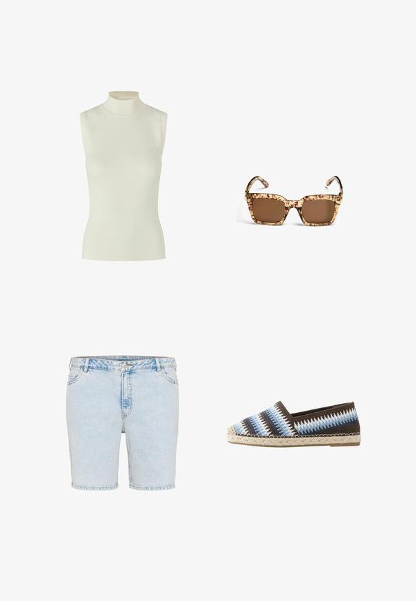 Kremfarvet ærmeløs top med rullekrave, ribbet struktur, tætsiddende design med bølget halsudskæring og kantdetaljer.; Lyseblå denimshorts med lige snit, fem lommer og synlige stikninger. Har en lukning med knap og lynlås.; Slip-on espadrillesko med vævet stofoverdel i zigzagmønster i blå, hvid og brun samt flettet jutesål.; Rektangulære brune solbriller med tykke stel og brune tonede linser, vist forfra på hvid baggrund.