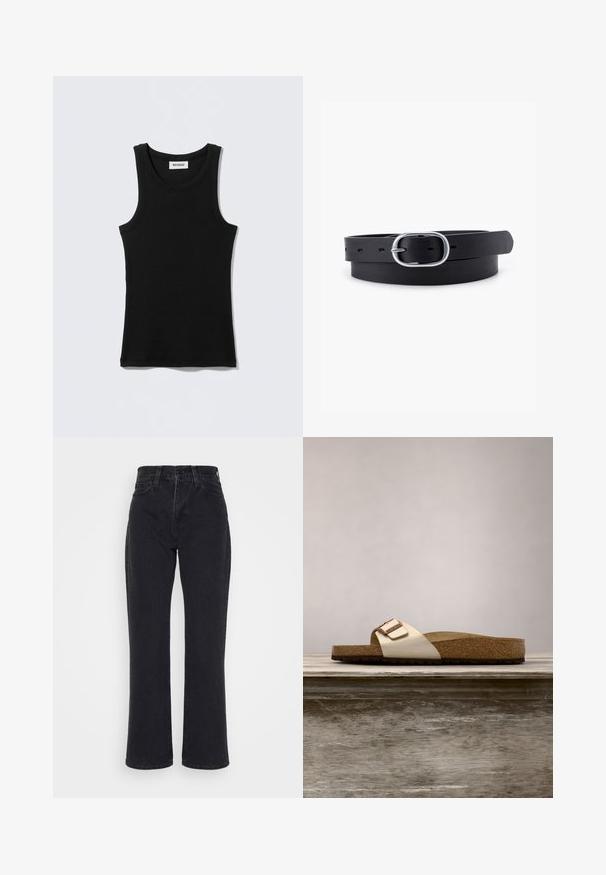 Sort bomuldstop med rund halsudskæring og smalle stropper. Enkelt design uden mønstre eller detaljer.; Sorte jeans med høj talje og lige ben, med forlommer og bæltestropper på en hvid baggrund.; Sandal med slide-design, der har en let metallisk overdel, korkfodbed og tekstureret brun gummisål. Spænde detalje med logoaccent.; Sort læderbælte med en glat overflade, oval sølvmetalspænde og flere justeringshuller langs stroppen. Flad, minimalistisk design.