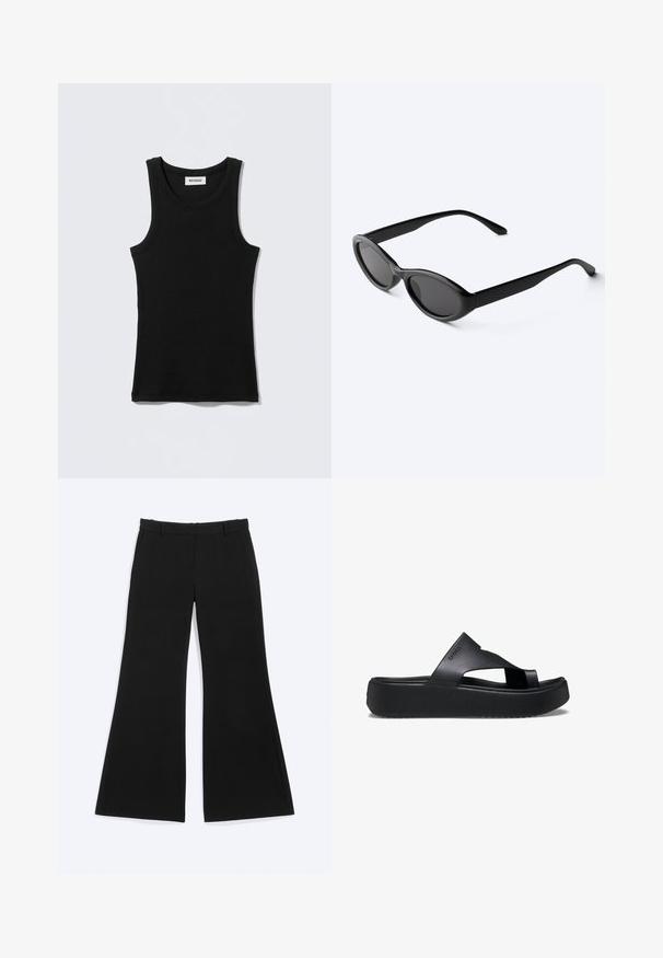 Schwarzes Tanktop aus Baumwolle mit rundem Ausschnitt und schmalen Trägern. Schlichtes Design, keine Muster oder Verzierungen sichtbar.; Schwarze Hosen mit weitem Bein, Gürtelschlaufen und Seitentaschen, flach auf weißem Hintergrund präsentiert.; Schwarze Plattform-Flip-Flops mit einer strukturierten Gummisohle, die ein Kreuzriemen-Design und eine matte Oberfläche aufweisen. Das Markenlogo ist dezent an der Seite angebracht.; Schlanke schwarze ovale Sonnenbrille mit dunklen Gläsern und geraden Bügeln, liegend auf einer weißen Oberfläche.