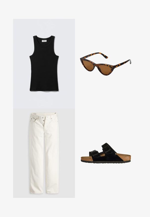 Schwarzes Tanktop aus Baumwolle mit rundem Ausschnitt und schmalen Trägern. Schlichtes Design, keine Muster oder Verzierungen sichtbar.; Weiße, hoch taillierte Jeans mit geradem Bein, Knopfleiste, Vorder- und Gesäßtaschen sowie sichtbaren Kupfernieten an den Taschenecken.; Schwarze Lackledersandalen mit zwei verstellbaren Riemen, Korkfußbett und Gummisohle, die eine glatte Struktur und ein minimalistisches Design aufweisen.; Katzenaugen-Sonnenbrille mit einem schwarz-orangenen Schildpattrahmen, braunen Gläsern und schlanken, spitzen Enden. Verfügt über ein minimalistisches Logo am Bügel.