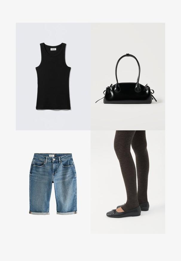 Zwart katoenen tanktop met een ronde halslijn en smalle bandjes. Eenvoudig ontwerp, zonder patronen of accenten zichtbaar.; Blauwe denim knielange shorts met een omgeslagen zoom, vijf zakken en een metalen knoopsluiting. Stof heeft een licht vervaagde uitstraling.; Benen met donkere geribbelde leggings gecombineerd met zwarte ballerina's met kleine strikdetails op een witte achtergrond.; Kleine zwarte glanzende handtas met twee lange hengsels en zijkant trekkoord details op een effen lichte achtergrond.