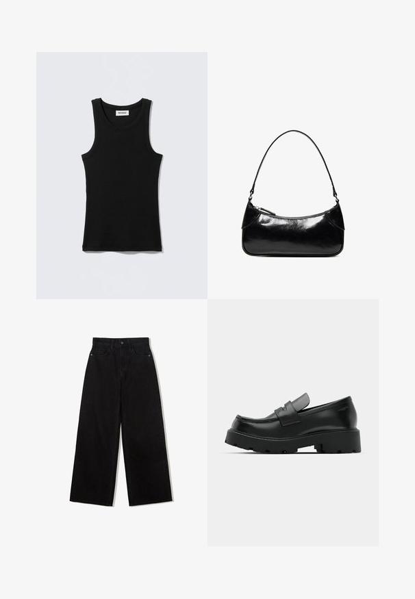 Schwarzes Tanktop aus Baumwolle mit rundem Ausschnitt und schmalen Trägern. Schlichtes Design, keine Muster oder Verzierungen sichtbar.; Schwarze, weit geschnittene Jeans aus Denim mit hoher Taille, die ein Fünf-Taschen-Design und einen einzelnen Knopfverschluss vorne aufweist.; Schwarze Leder-Loafers mit einer chunky strukturierten Sohle, ausgestattet mit einem Riemen über dem Spann und einer glatten, polierten Oberfläche.; Schwarze, glänzende Lederschultertasche mit einem einzelnen Reißverschlussfach und einem dünnen, bogenförmig gebogenen Träger.