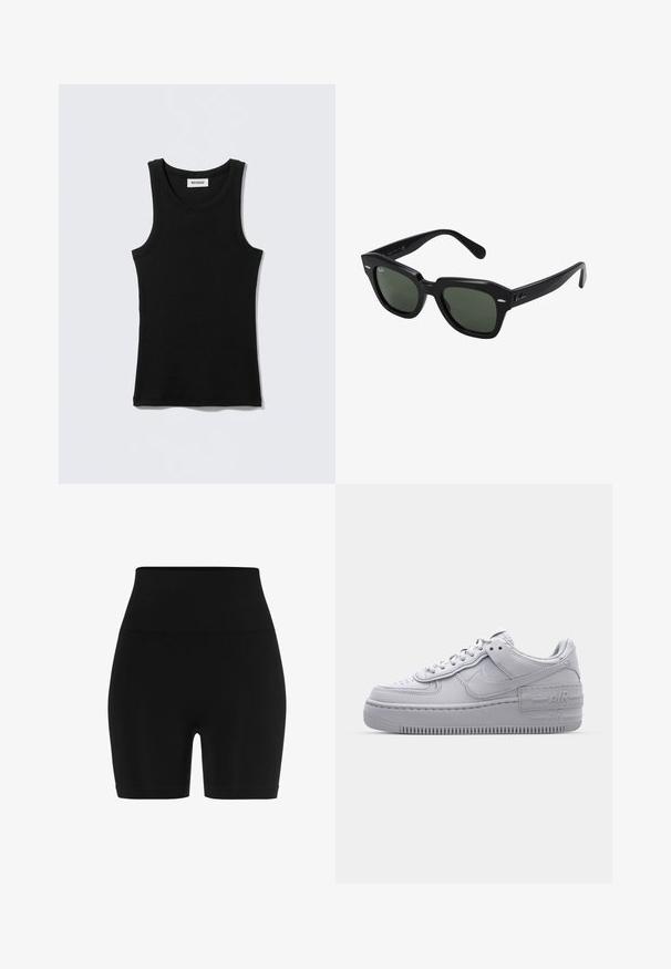 Camiseta sin mangas negra de algodón, con escote redondo y tirantes estrechos. Diseño sencillo, sin patrones ni detalles visibles.; Shorts negros de cintura alta hechos de un material elástico. Presentan una cinturilla elástica gruesa y un diseño ajustado con una textura suave.; Zapatilla Nike Air Force 1 gris con puntera perforada, parte superior de cuero suave, suela gruesa y detalle en relieve 'AIR' en el talón.; Gafas de sol cuadradas negras con lentes verde oscuro, con montura audaz y acentos plateados en los laterales. Fabricadas en Italia.
