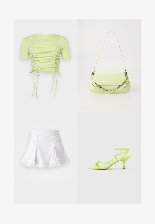 Lys grøn cropped top lavet af ribbet stof, med indsamlede detaljer, korte ærmer og justerbare sidesnore.; Hvid nederdel lavet af tekstureret stof med rynkedetaljer og bølger. Har en udvidet design med en tætsiddende talje.; Neon grøn højhælede sandal med firkantet tå, tynde stropper, ankelspænde og buet hæl. Glat materiale med en blank finish.; Limegrøn syntetisk håndtaske med en glat overflade, en aftagelig kædestrop og dekorative spænder; rektangulær form med indsnævrede sider.