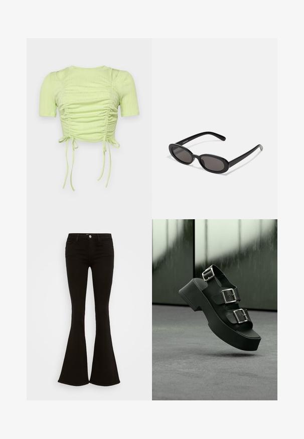 Lichtgroene cropped top van ribbelstof, met geplooide details, korte mouwen en verstelbare zijkanten.; Zwarte high-waist flare jeans met een knoop aan de voorkant, riemlussen en vijf zakken, weergegeven op een witte achtergrond.; Zwarte platformsandaal met drie brede banden en zilveren gespen, zwevend boven een grijze tapijtvloer met een wazige glazen achtergrond.; Even&Odd Zonnebril - black